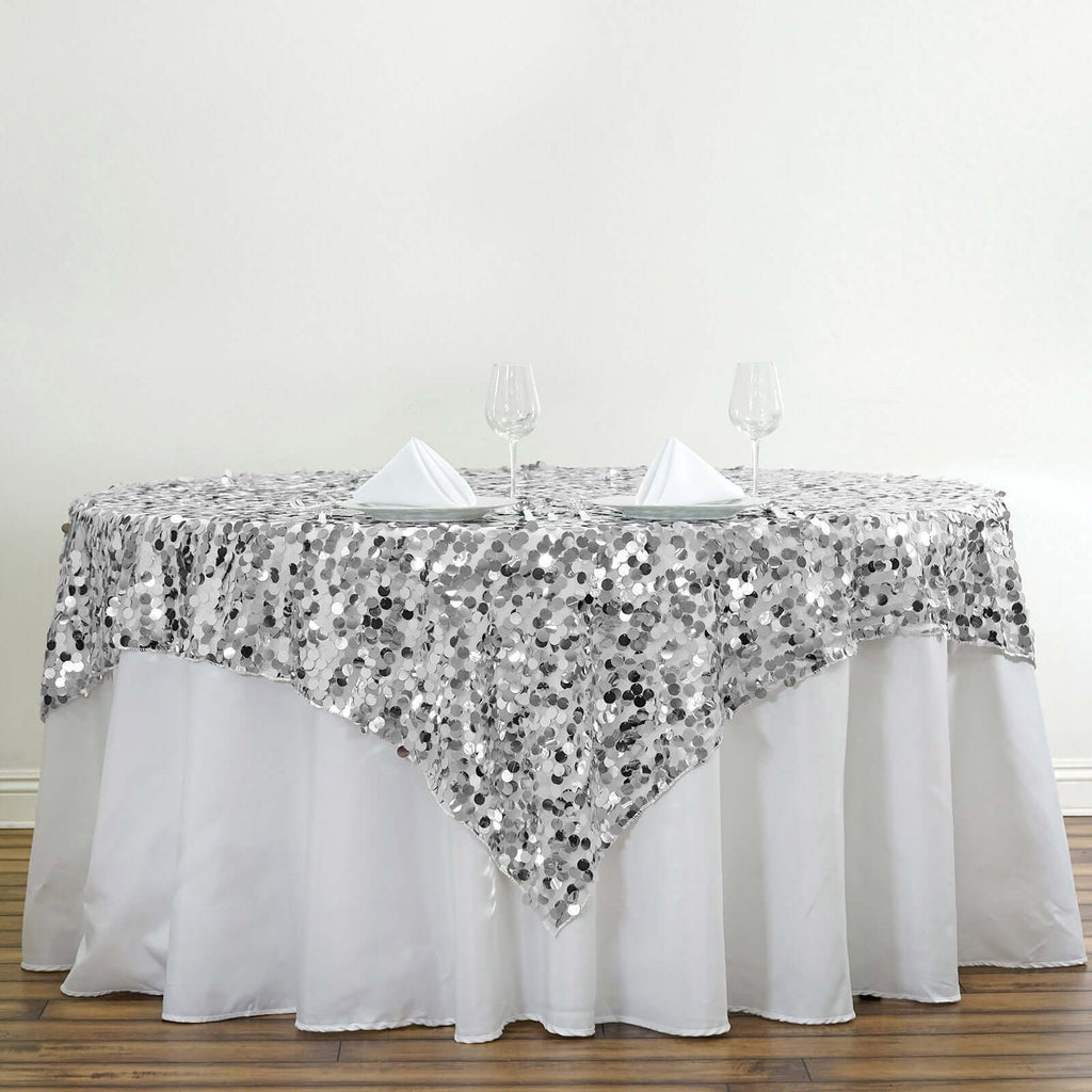 Sequin 72"x72" Table Overlay Square Tablecloth Silver - Big Payette Table Cover