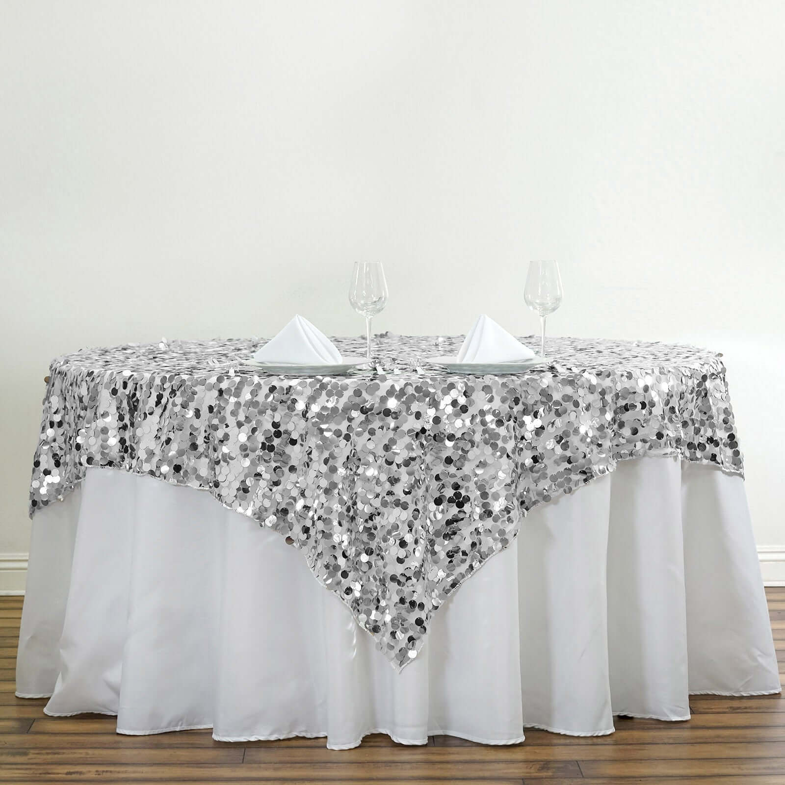 Sequin 72"x72" Table Overlay Square Tablecloth Silver - Big Payette Table Cover