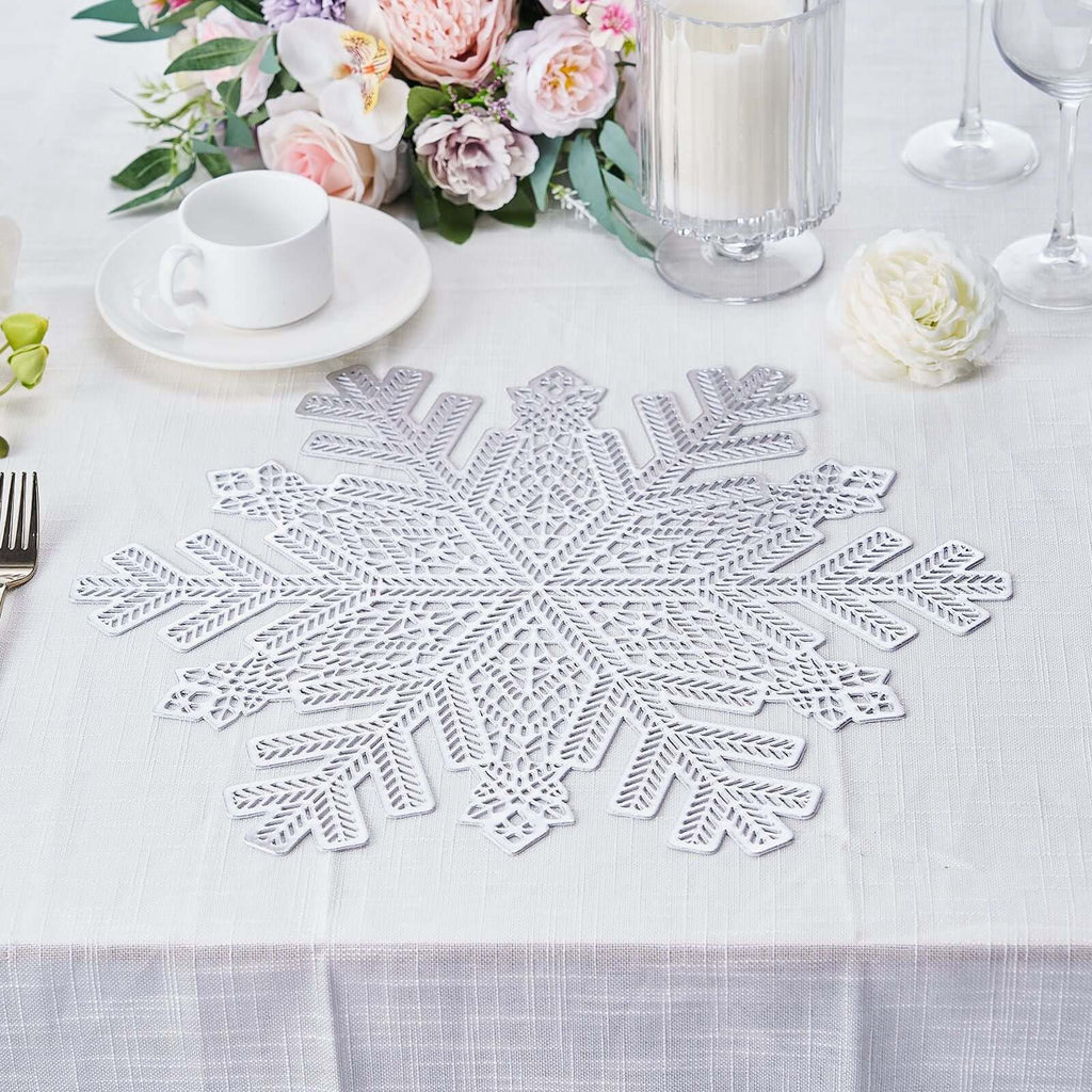 6-Pack Dining Table Mats Snowflake Design Silver - Vinyl Non-Slip Surface for Winter Decor 18"