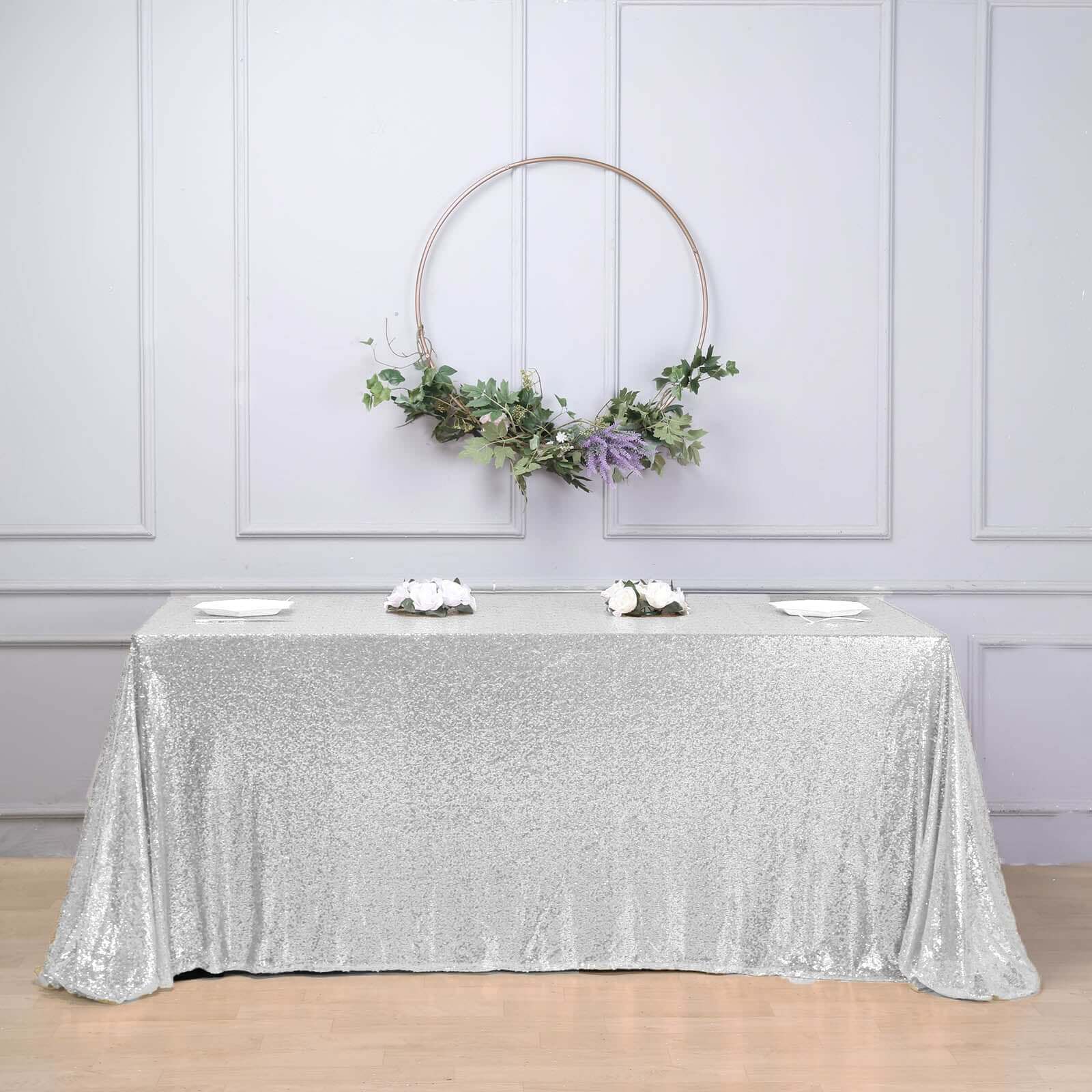 Sequin 90"x156" Rectangle Tablecloth Silver - Seamless Twinkling Table Cover