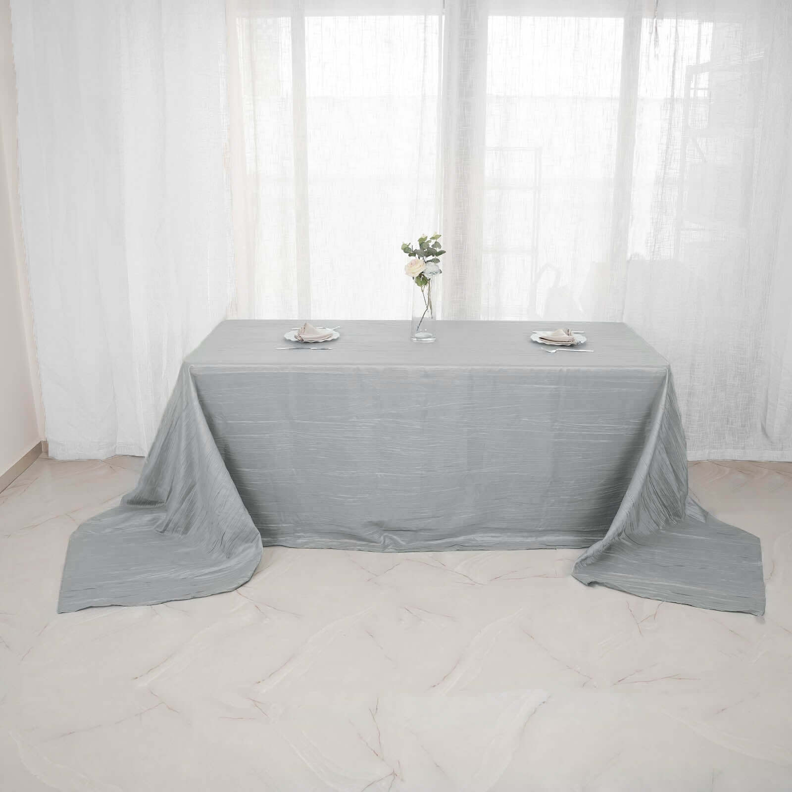 Taffeta 90"x156" Rectangle Tablecloth Silver - Accordion Crinkle Seamless Table Cover