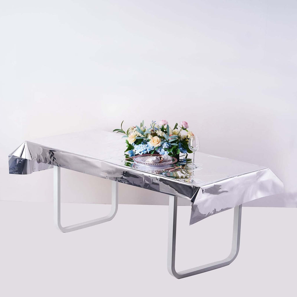 Metallic Foil Tablecloth Rectangle Silver - Decorative Disposable Table Cover 40"x90"