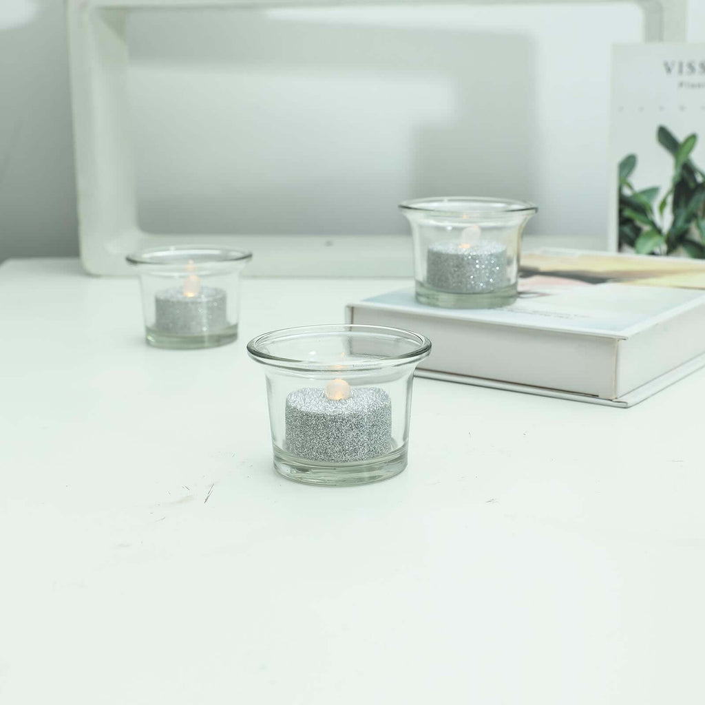 12-Pack LED Tealight Candles Glitter Silver Design - Flameless Battery Operated Tea Lights