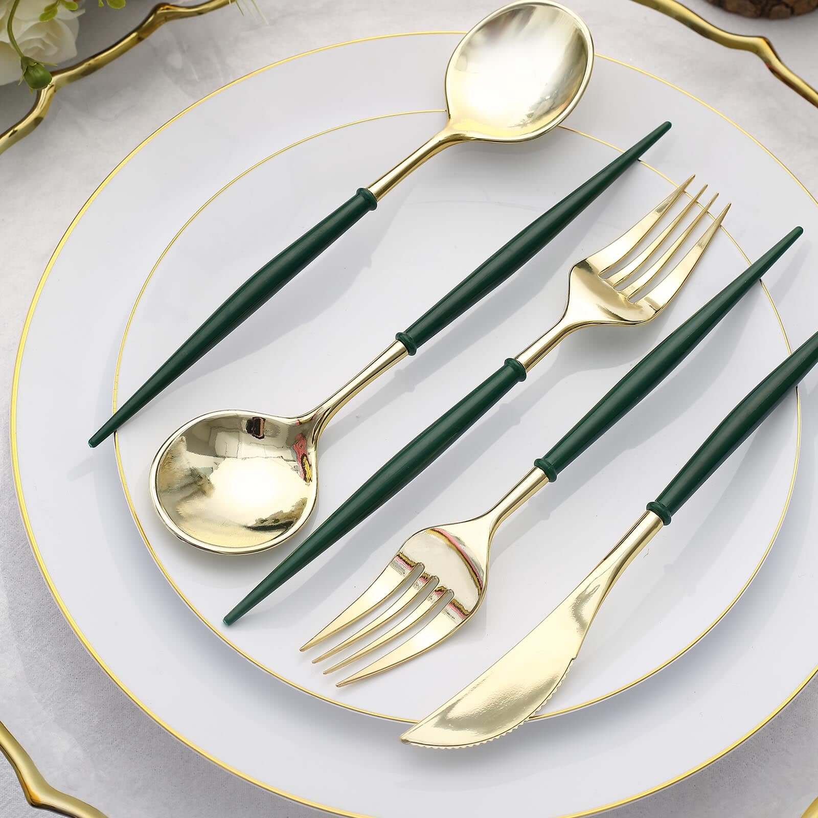 24-Pack Plastic Flatware Set in Metallic Gold with Hunter Emerald Green Handle - Heavy Duty Disposable Modern Silverware 8"