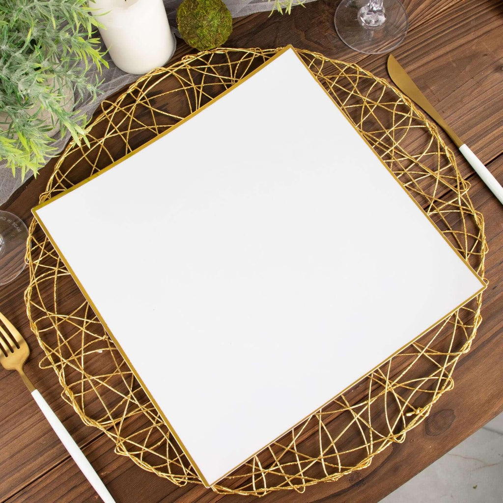10-Pack Plastic 10" Square Dinner Plates in White Concave Style with Gold Rim - Modern Disposable Party Plates for Weddings & Special Events