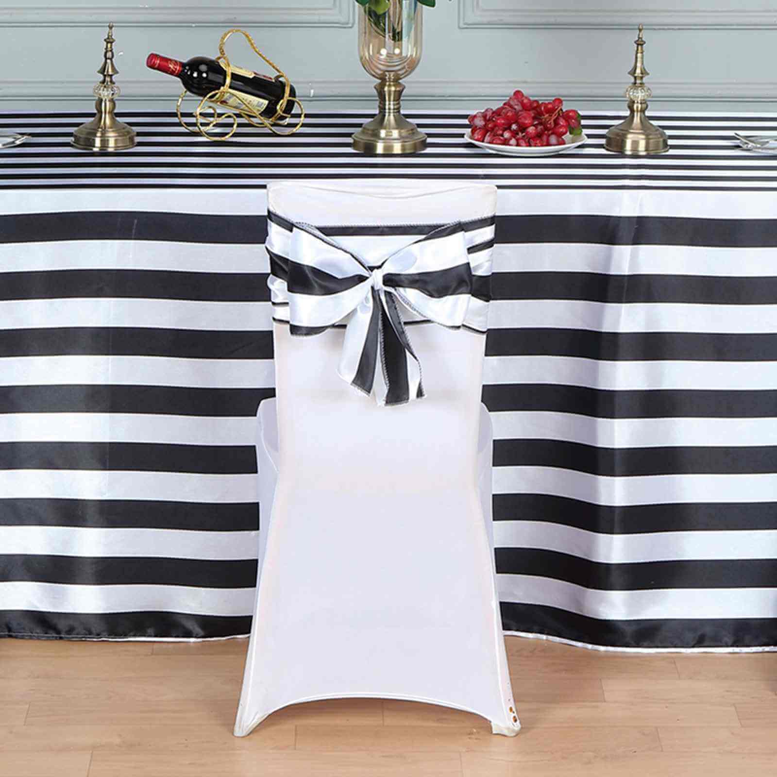 5 Pack Satin 6"x108" Chair Sashes Black/White Stripes - Sophisticated Decor for Weddings & Gatherings