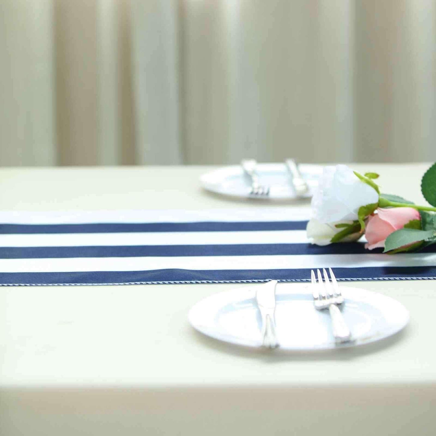 Satin 12"x108" Table Runner Navy Blue/White Stripe - Classic Striped Design