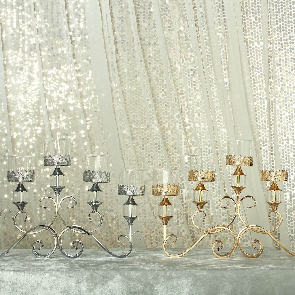 5-Arm Metal Table Candelabra Antique Gold Crown Top Design - Stylish Horizontal Table Centerpiece with Glass Votive Holders 18"