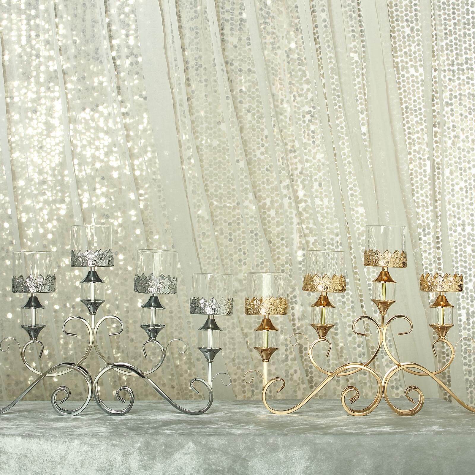 5-Arm Metal Table Candelabra Antique Gold Crown Top Design - Stylish Horizontal Table Centerpiece with Glass Votive Holders 18"