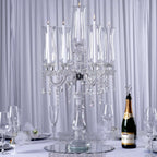 5 Arm Crystal Glass Taper Candle Holder Candelabra, Stylish Table Centerpiece With Chandelier Chains 32"
