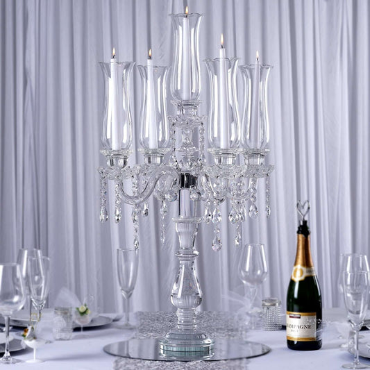 5 Arm Crystal Glass Taper Candle Holder Candelabra, Stylish Table Centerpiece With Chandelier Chains 32"