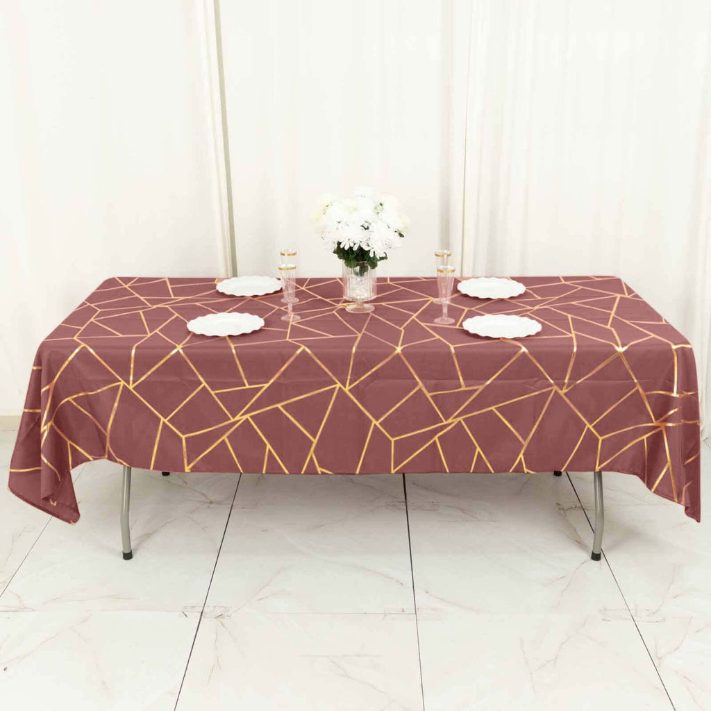 Polyester 60"x102" Rectangle Tablecloth Cinnamon Rose with Gold Foil Geometric Pattern - Wrinkle-Resistant & Durable Table Cover
