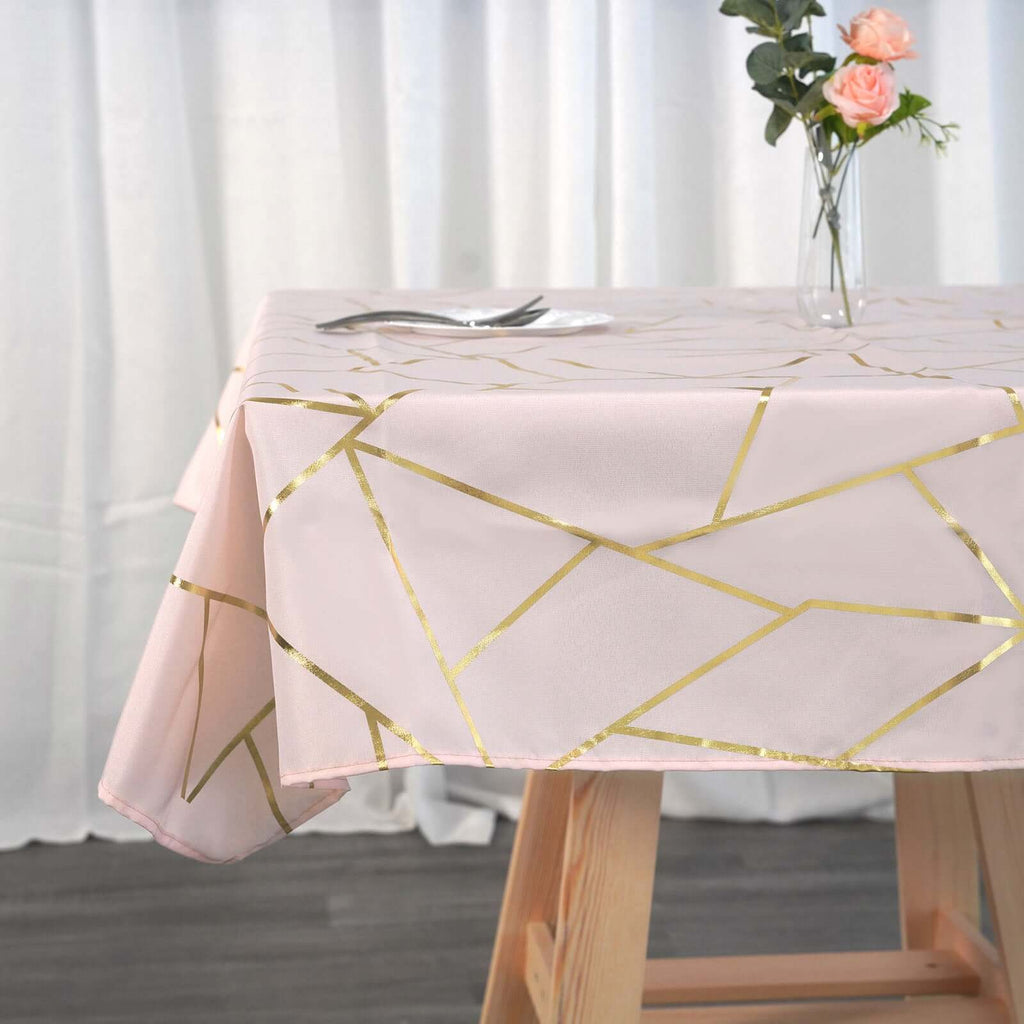 Polyester 54"x54" Table Overlay Square Tablecloth Blush with Gold Foil Geometric Pattern - Wrinkle-Resistant & Durable Table Topper