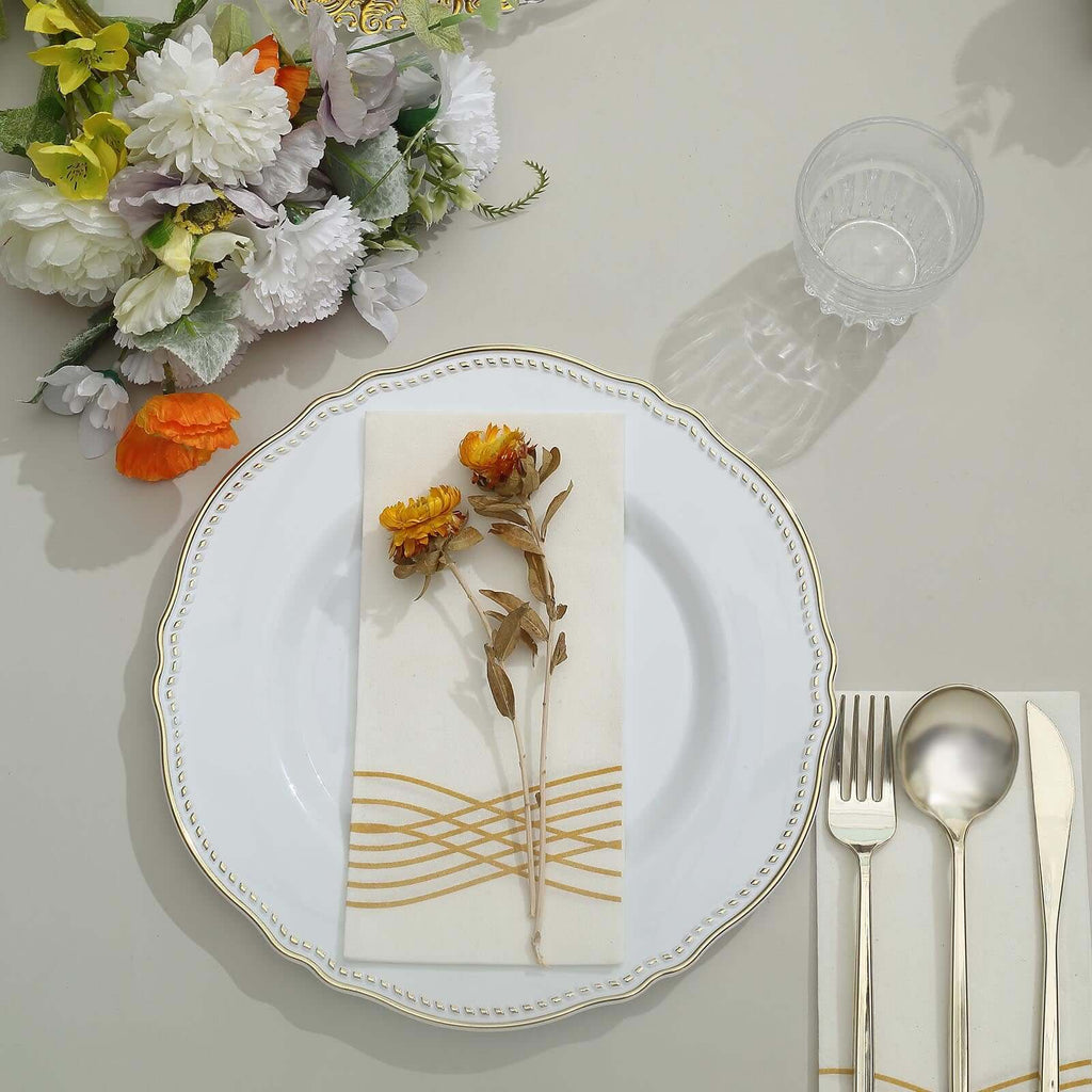 10-Pack Plastic 10" Dinner Plates in White with Gold Scalloped Rim - Disposable Large Party Plates for Upscale Events & Banquets