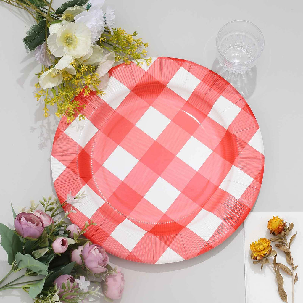 10-Pack Disposable Paper Charger Plates â€“ Red/White Buffalo Plaid 13" Round Table Chargers, 350 GSM Cardstock