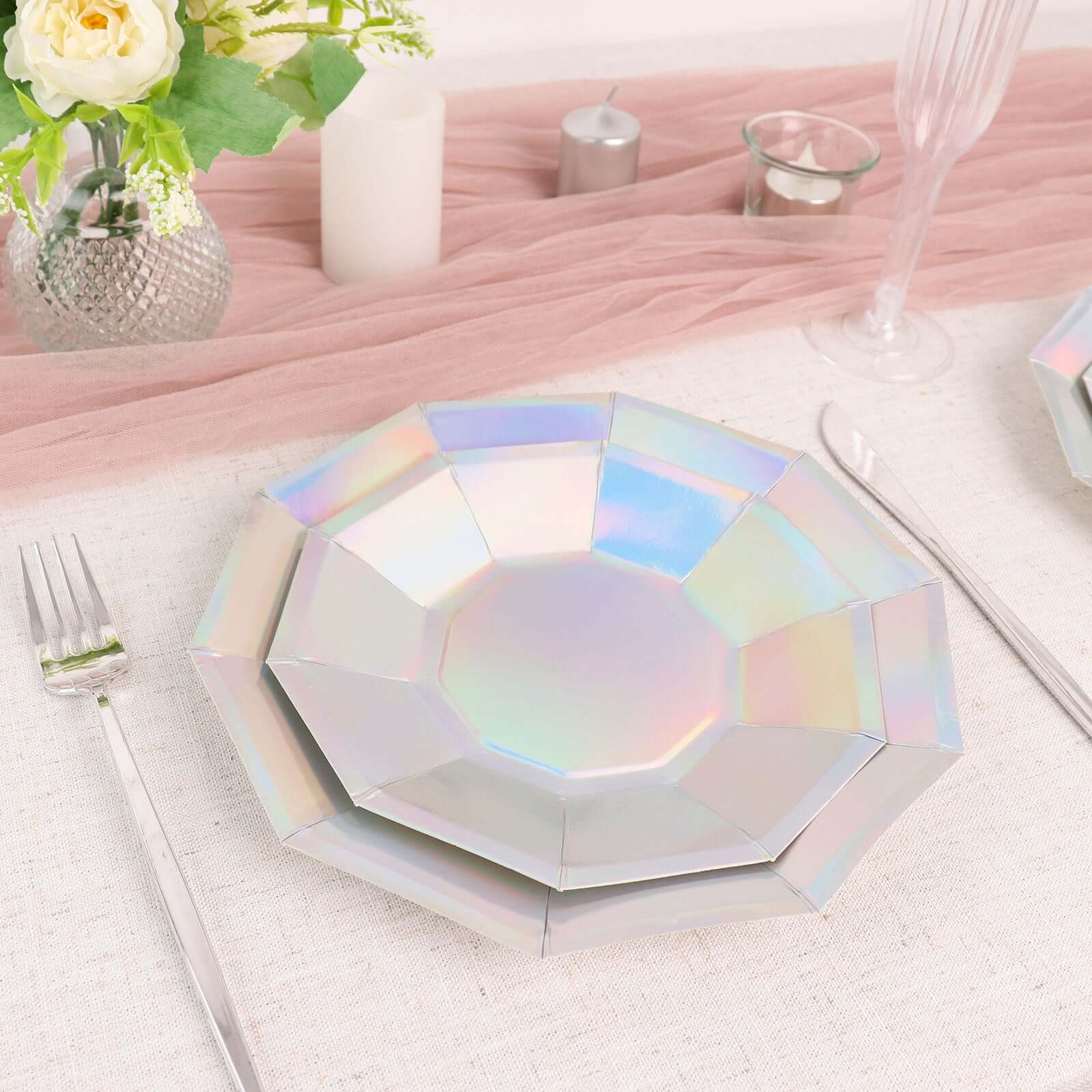 25-Pack Paper 9" Decagon Dinner Plates in Iridescent - Disposable Geometric Party Plates for Disco & Space Themed Events