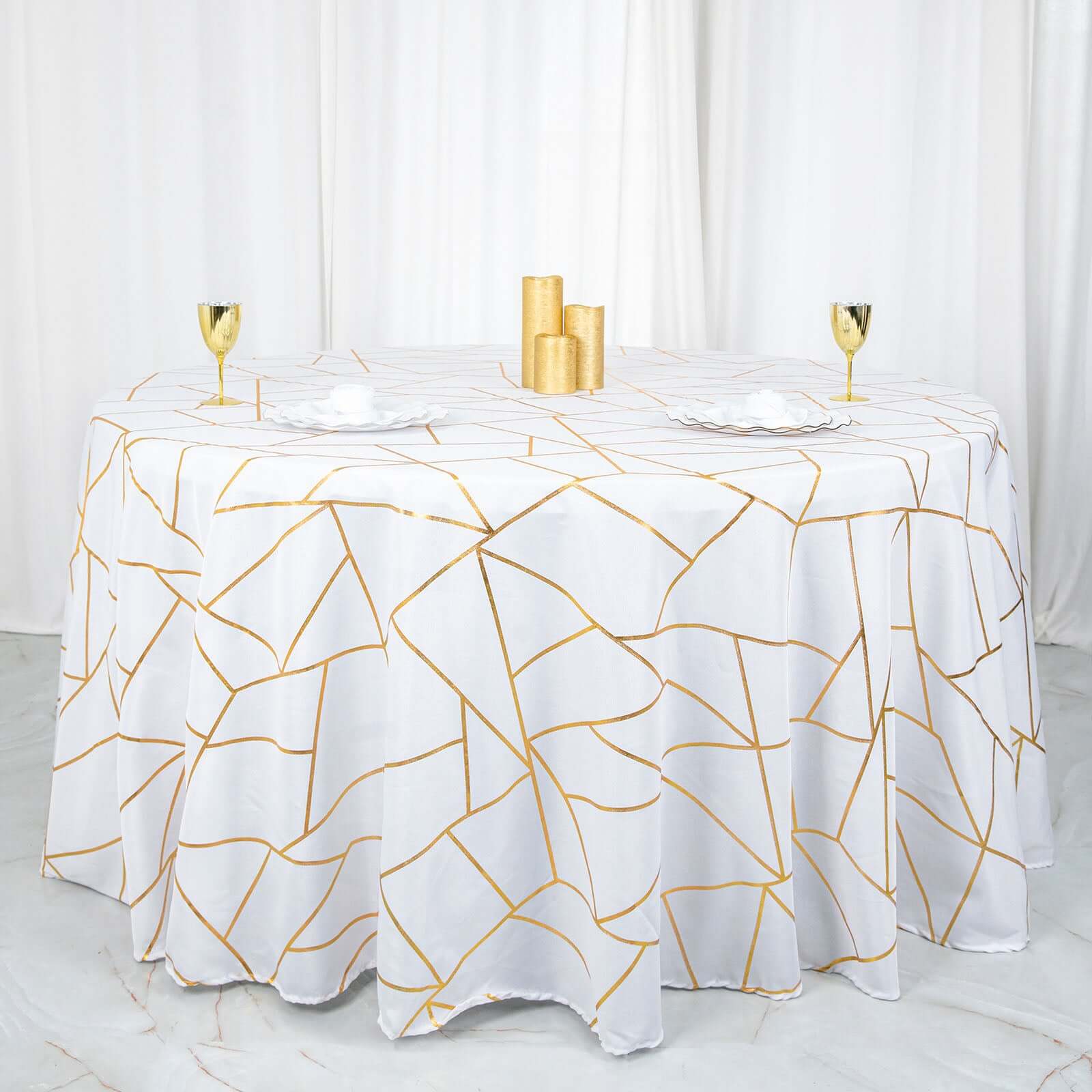 Polyester 120" Round Tablecloth White with Gold Foil Geometric Pattern Wrinkle-Resistant Modern Seamless Table Cover