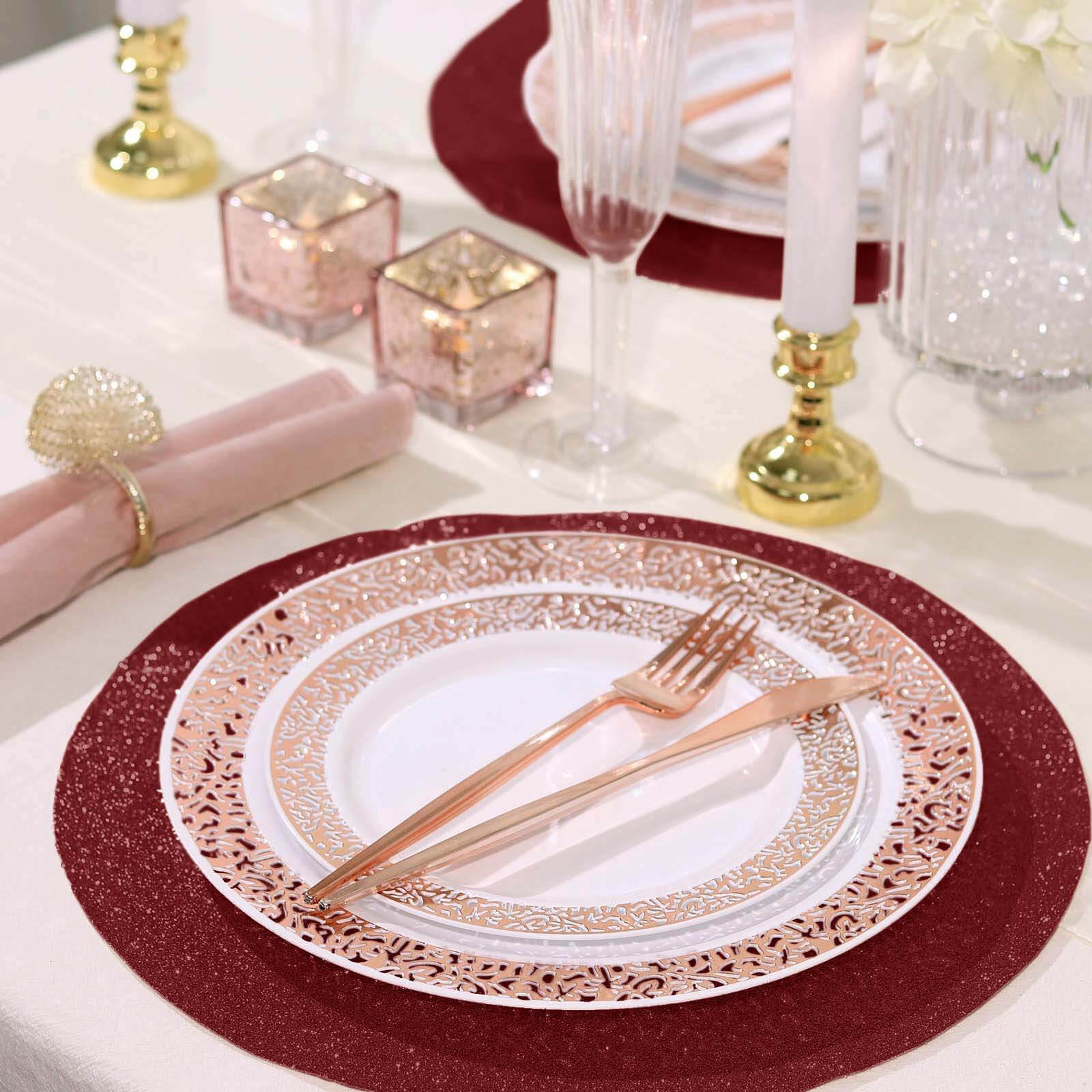 6-Pack Placemats Glitter Design Burgundy Sparkle Round - Non-Slip Decorative Dining Table Mats 13"