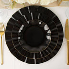 10-Pack Plastic Round 6" Dessert Plates in Black Ruffled Rim with Gold Edging - Sturdy Disposable Salad Appetizer Dinnerware