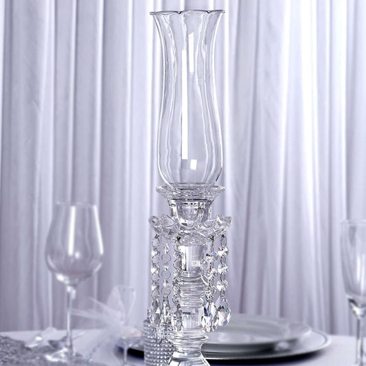 Crystal Glass Hurricane Candle Taper Candlestick Holder, Decorative Piece With Chandelier Chains 20"