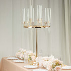 Metal 9-Arm Round Cluster Taper Candelabra Table Centerpiece Gold - Candlestick Holder Table Centerpiece With Drip Accents and Clear Glass Shades 40"