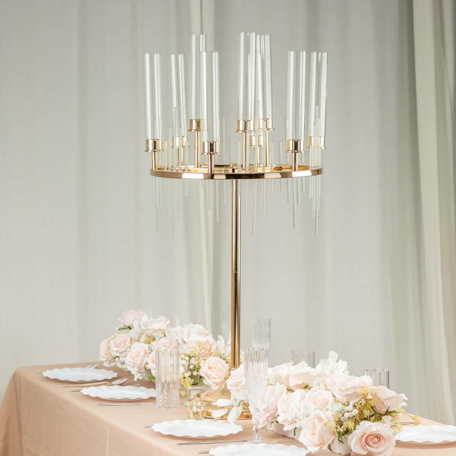 Metal 9-Arm Round Cluster Taper Candelabra Table Centerpiece Gold - Candlestick Holder Table Centerpiece With Drip Accents and Clear Glass Shades 40"