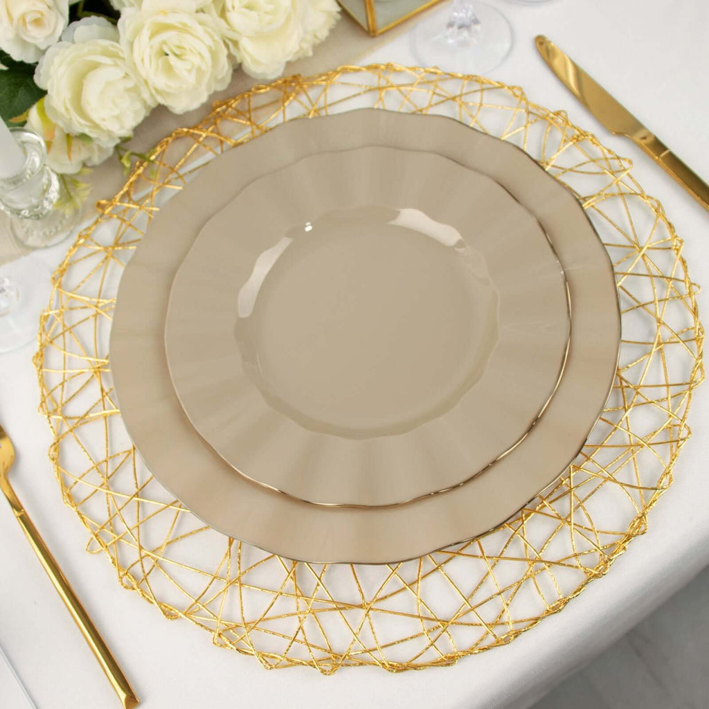 10-Pack Plastic 9" Round Dinner Plates in Taupe Ruffled Rim with Gold Edging - Sturdy Disposable Dinnerware
