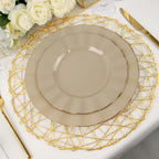 10-Pack Plastic 9" Round Dinner Plates in Taupe Ruffled Rim with Gold Edging - Sturdy Disposable Dinnerware