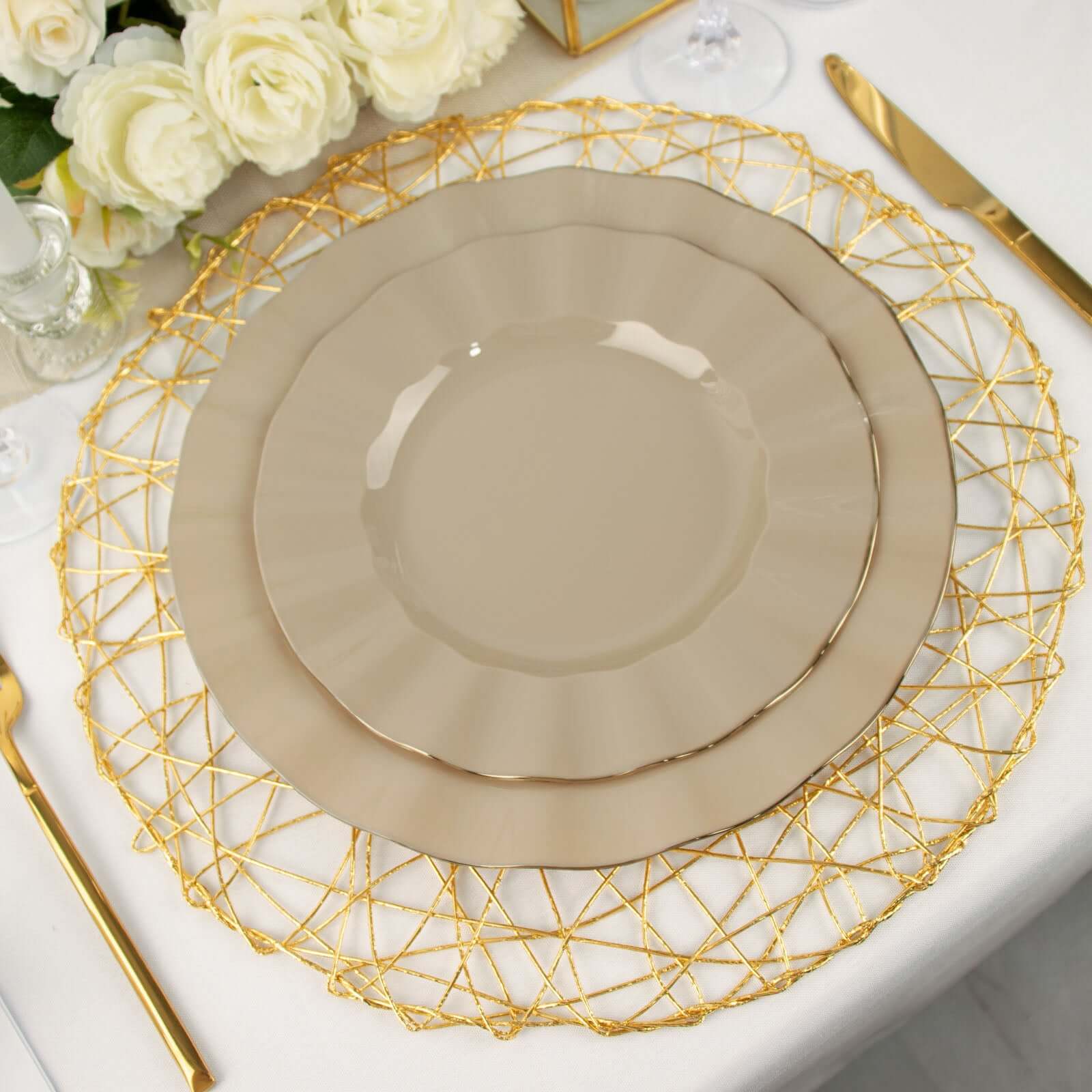 10-Pack Plastic 9" Round Dinner Plates in Taupe Ruffled Rim with Gold Edging - Sturdy Disposable Dinnerware