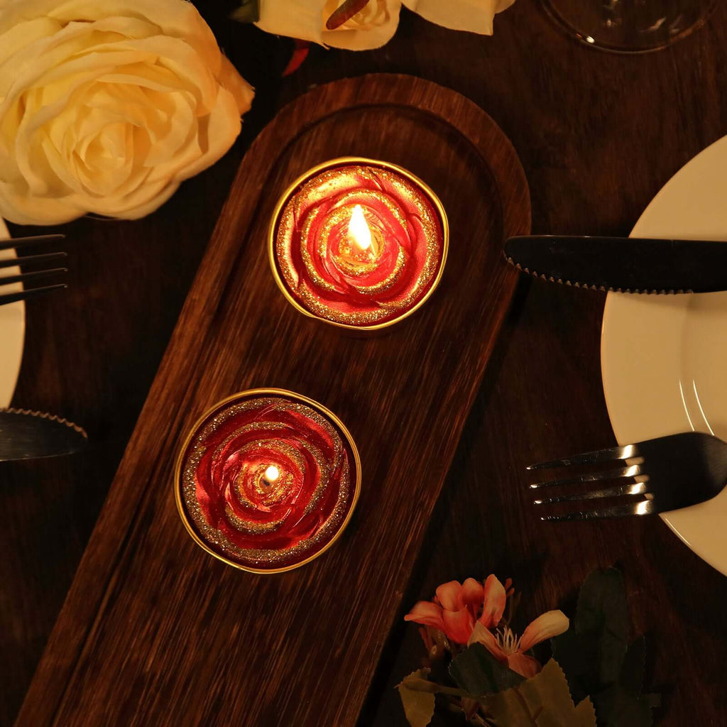 2-Pack Tealight Candles Red/Gold Glitter Rose Design - Unscented Dripless Wax for Romantic Decor