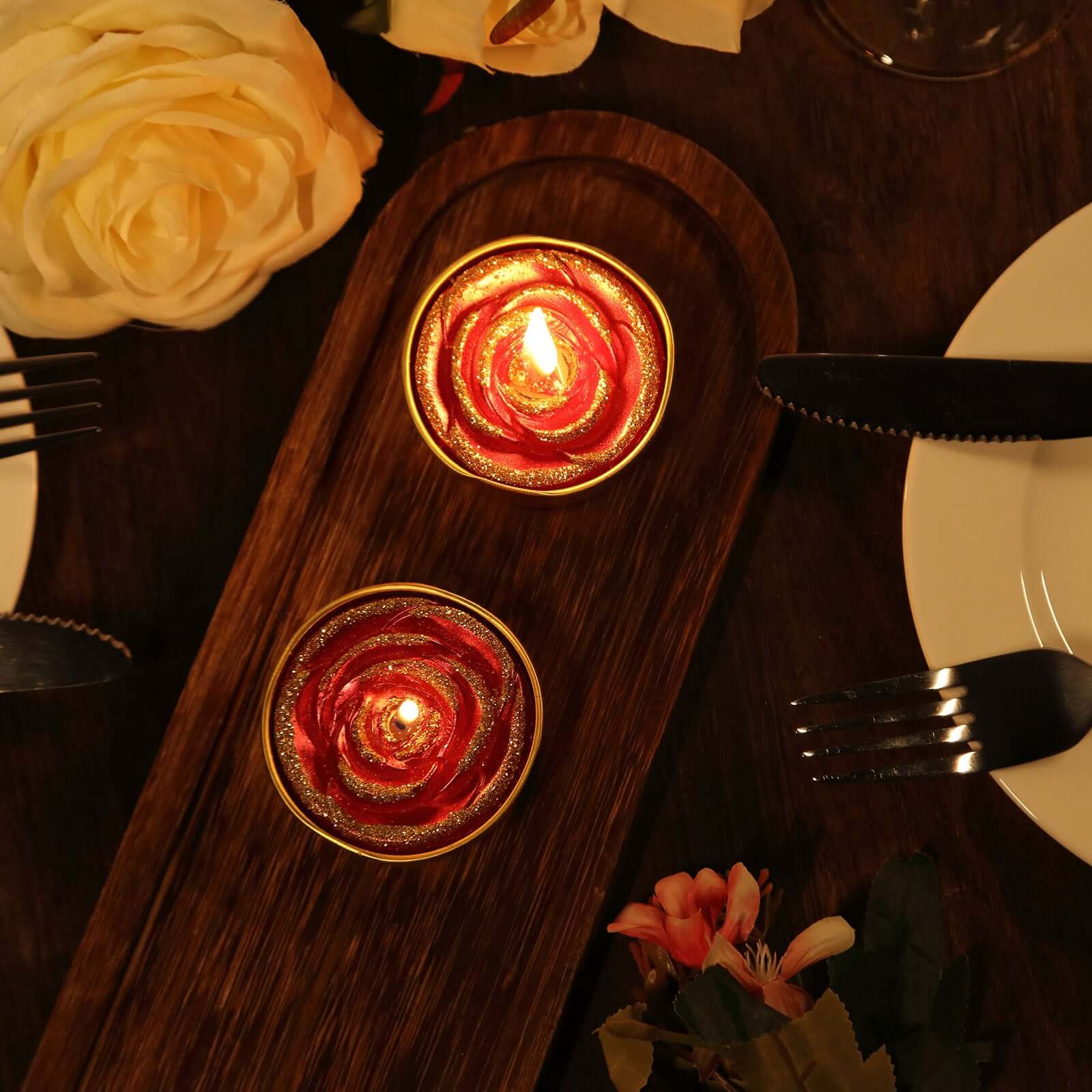 2-Pack Tealight Candles Red/Gold Glitter Rose Design - Unscented Dripless Wax for Romantic Decor