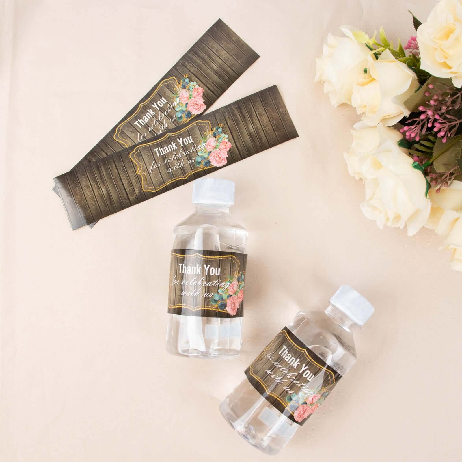 24 Pack Rustic Water Bottle Labels Wood Print with Gold Floral Frame "Thank You" Waterproof Bottle Stickers