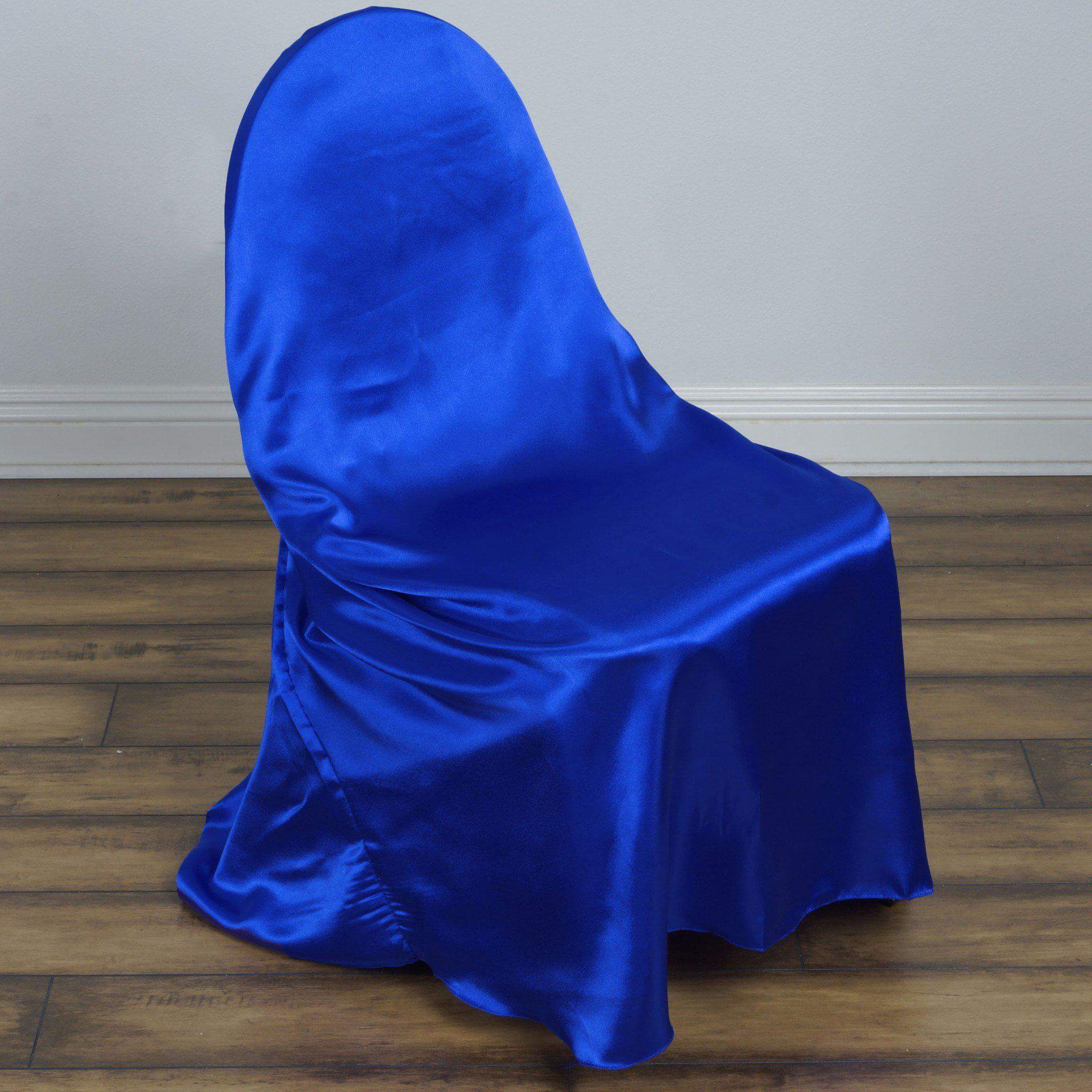 Satin Chair Cover Self-Tie Universal Design Royal Blue - Durable Slip-On Cover for Folding, Dining, Banquet & Standard Chairs