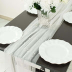 Sheer Tulle 48"x120" Table Runner White Pearl Embellished - Stylish Wedding & Event Table Linen