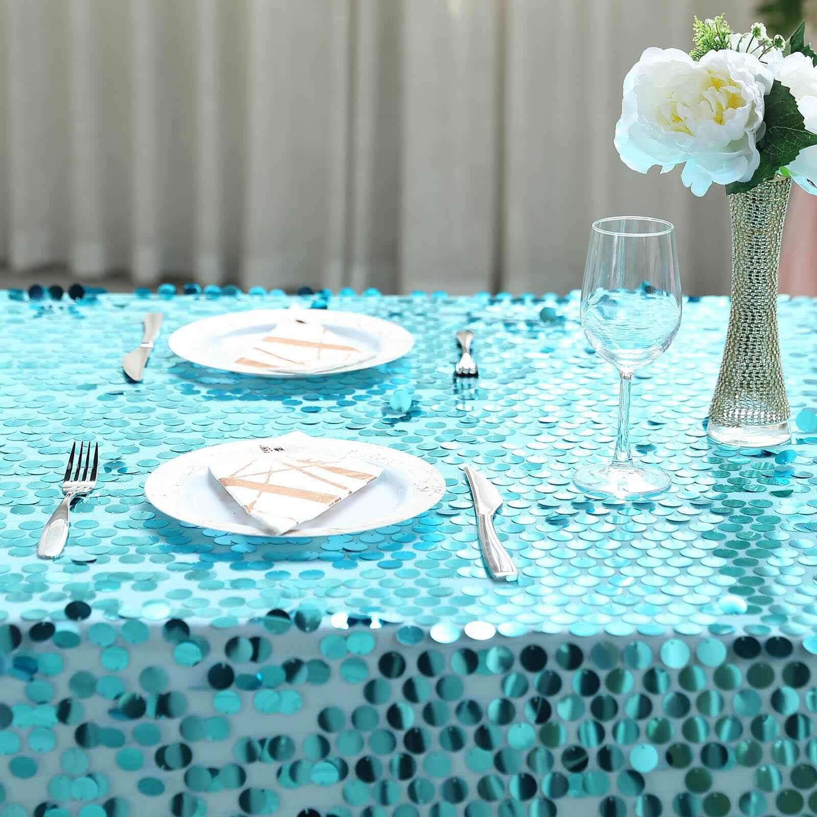 Sequin 90"x156" Rectangle Tablecloth Turquoise - Seamless Big Payette Table Cover