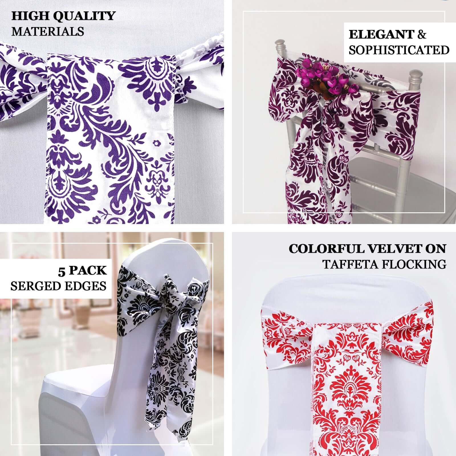 5 Pack Taffeta Damask Chair Sashes White with Black Flocking Design - Modern Vintage Event DÃ©cor 6"x108"