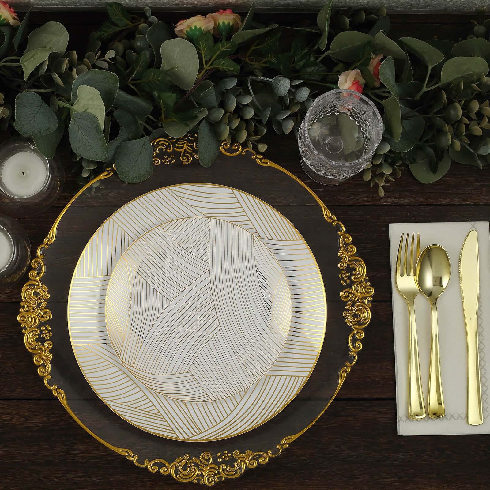 10-Pack Plastic 7" Round Dessert Plates in White with Gold Wave Brush Strokes Pattern - Disposable Appetizer Salad Plates for Modern & Classy Table Decor