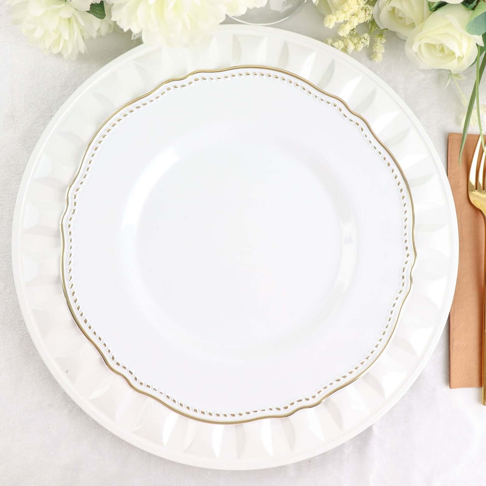 6-Pack Plastic Round Charger Plates 13" in White with Bejeweled Rim, Luxe Decorative Dinner Party Charger Tableware