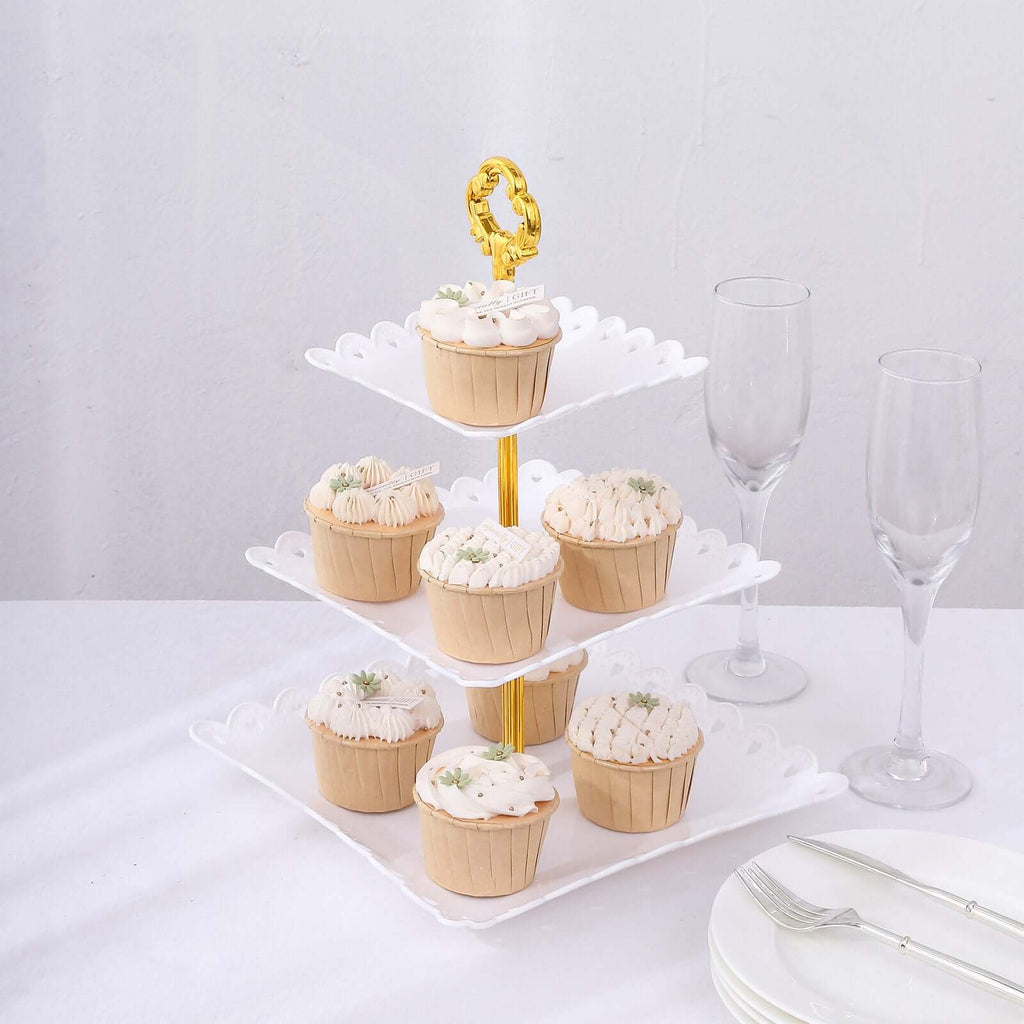 3-Tier Plastic Square Cupcake Stand Tower White - Charming Disposable Dessert Display Serving Tray Platter with Heart Wavy Edge & Gold Top Handle for Tea Parties Weddings & Special Occasions 13"