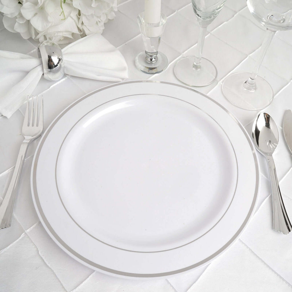 10-Pack Plastic Dinner Plates White with TrÃ¨s Chic Silver Rim - Perfect Disposable Party Plates 10"