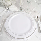 10-Pack Plastic Dinner Plates White with TrÃ¨s Chic Silver Rim - Perfect Disposable Party Plates 10"