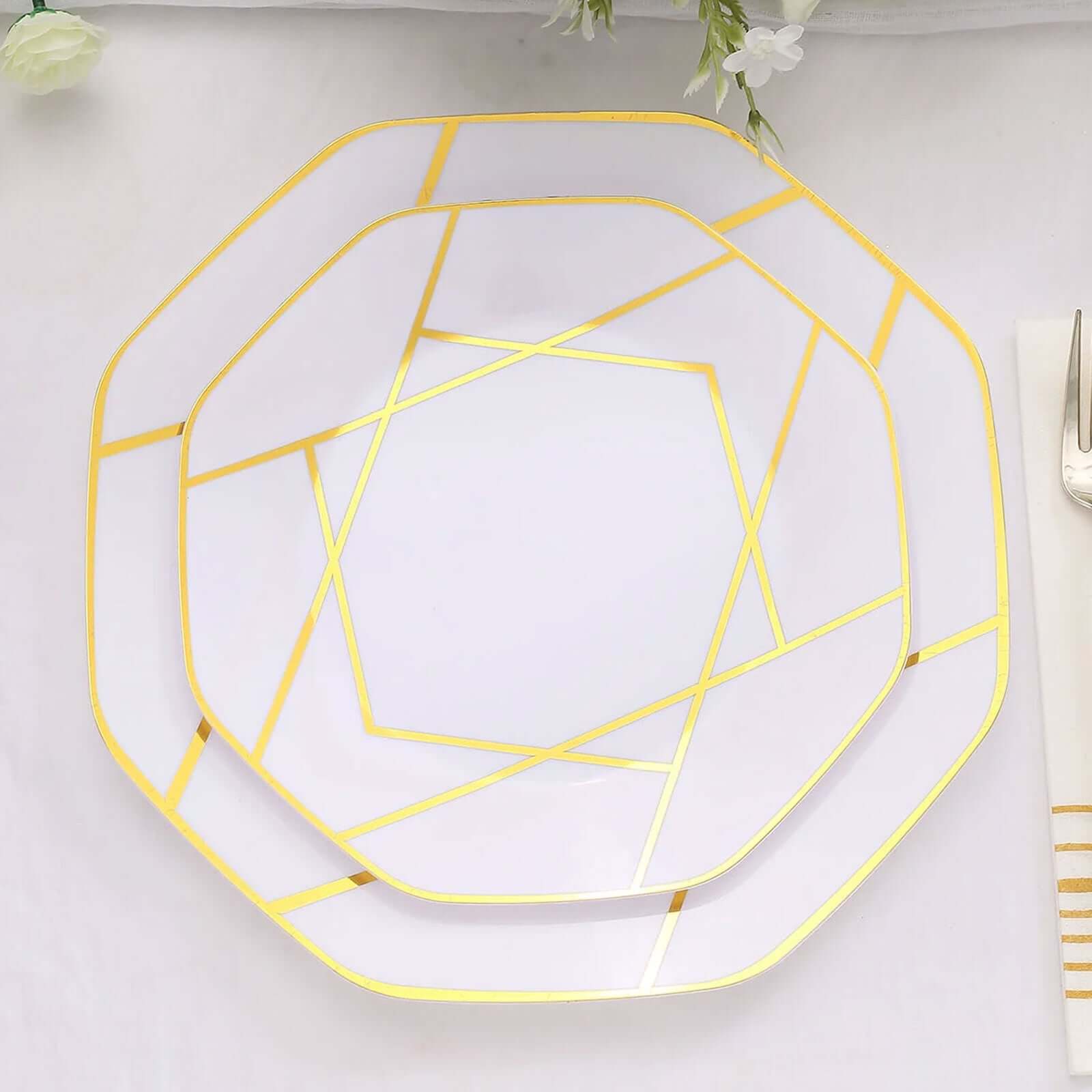 10-Pack Plastic 8" Octagon Dessert Plates in White - Modern Disposable Salad/Appetizer Plates with Gold Geometric Design for Special Occasions & Celebrations