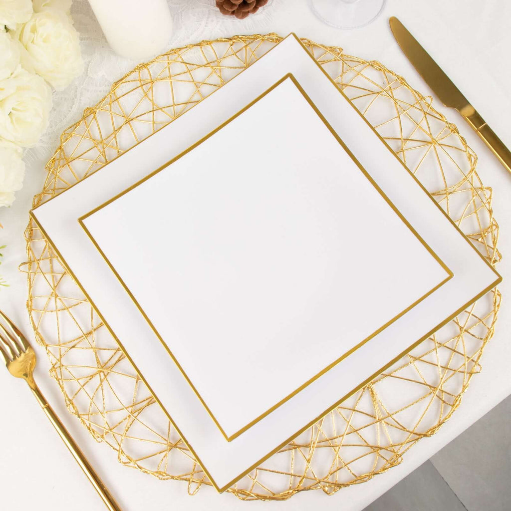 10-Pack Plastic 10" Square Dinner Plates in White Concave Style with Gold Rim - Modern Disposable Party Plates for Weddings & Special Events