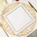 10-Pack Plastic 10" Square Dinner Plates in White Concave Style with Gold Rim - Modern Disposable Party Plates for Weddings & Special Events