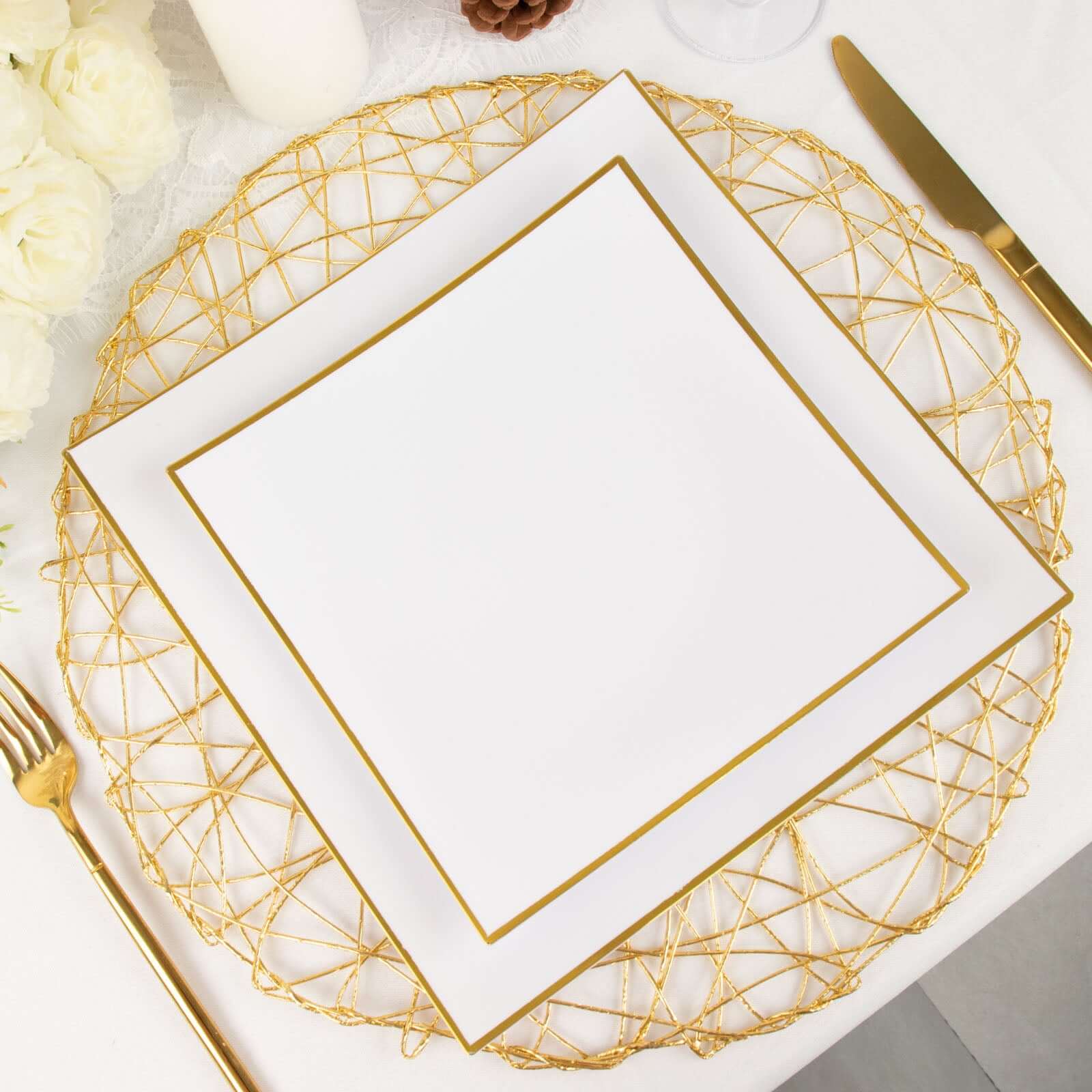 10-Pack Plastic 10" Square Dinner Plates in White Concave Style with Gold Rim - Modern Disposable Party Plates for Weddings & Special Events