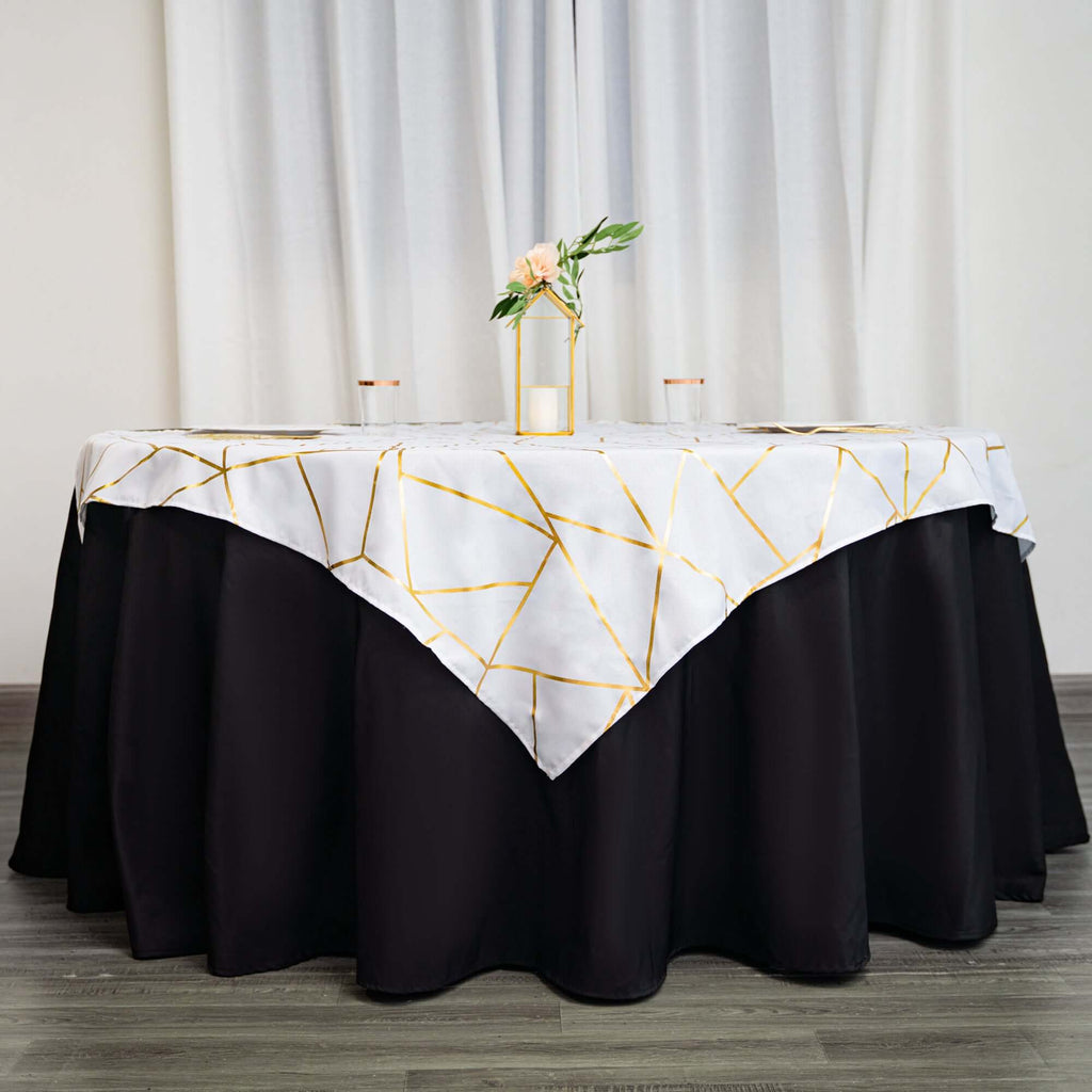 Polyester 54"x54" Table Overlay Square Tablecloth White with Gold Foil Geometric Pattern - Wrinkle-Resistant & Durable for Stylish Settings