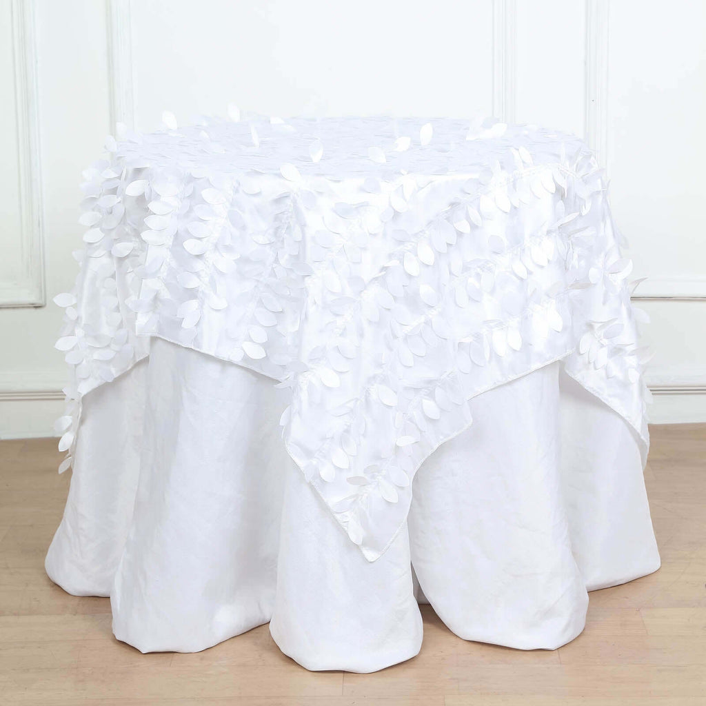 Taffeta 54"x54" Table Overlay Square Tablecloth White | Exquisite 3D Leaf Petal Design for Chic Wedding & Event Decor