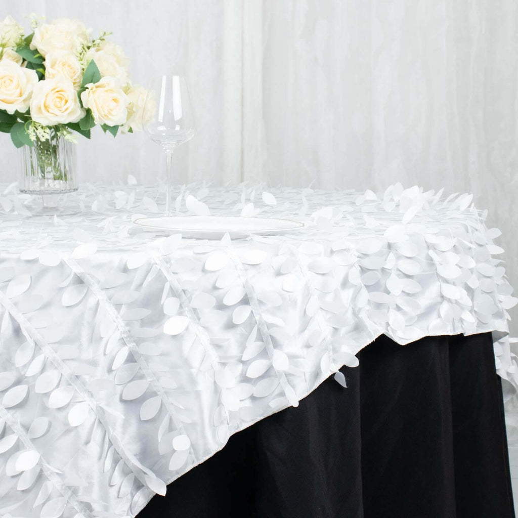 Taffeta 72"x72" Table Overlay Square Tablecloth White 3D Leaf Petal Design for Stylish Celebrations