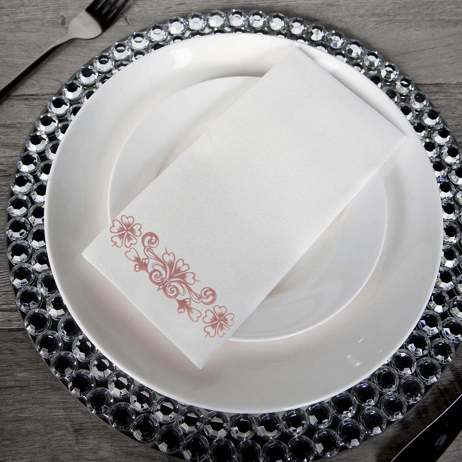 20 Pack White Linen-Feel Dinner Paper Napkins with Rose Gold Floral Print, Premium Cloth-Like Airlaid Disposable Napkins, Soft and Absorbent Guest Towels