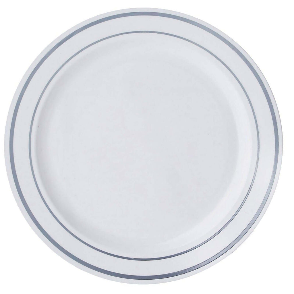 10-Pack Plastic Dessert Plates White with TrÃ¨s Chic Silver Rim - Disposable Plates for Appetizers 6"